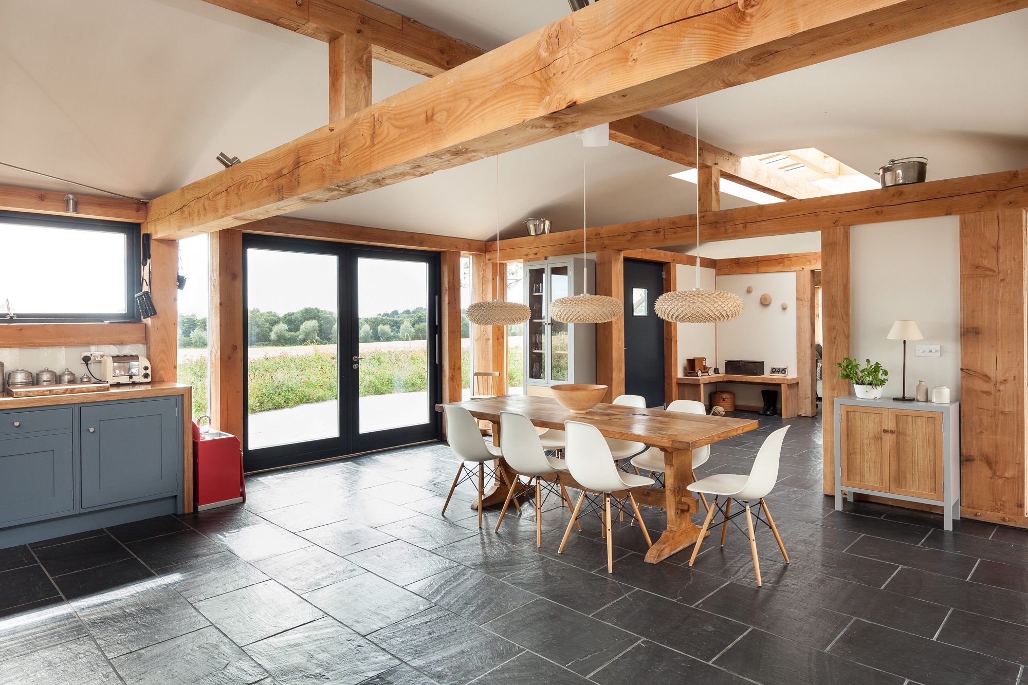 allies farm kitchen with exposed oak frame beams