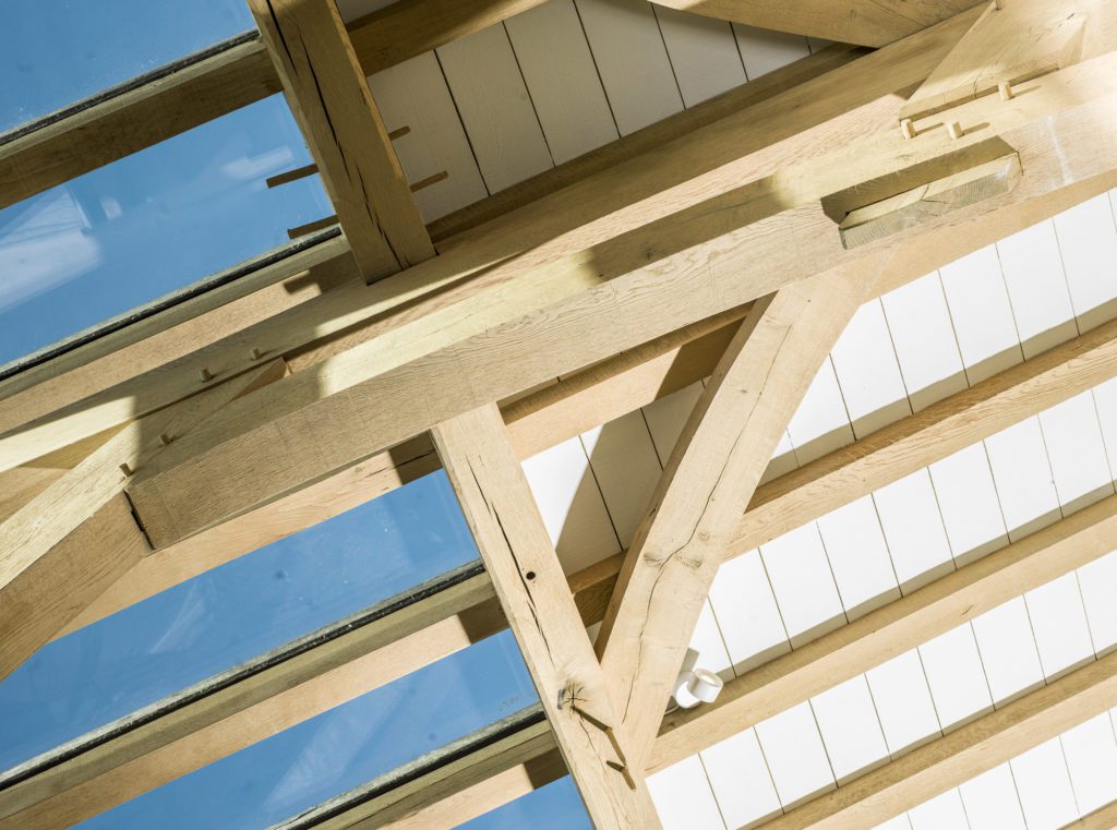 oak frame design with glass skylight roof boarding